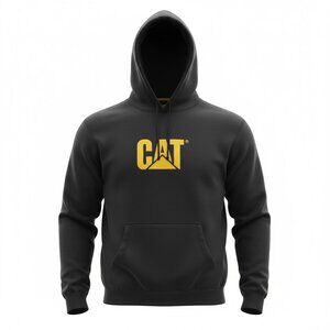CATERPILLAR Size L Black Heavyweight Drawstring CAT Logo Hoodie Sweatshirt